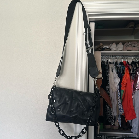 Handbags - Pleather Black Purse with chain and star crossbody strap